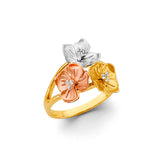 14K Tricolor Gold Three-Flower Ring on White Background