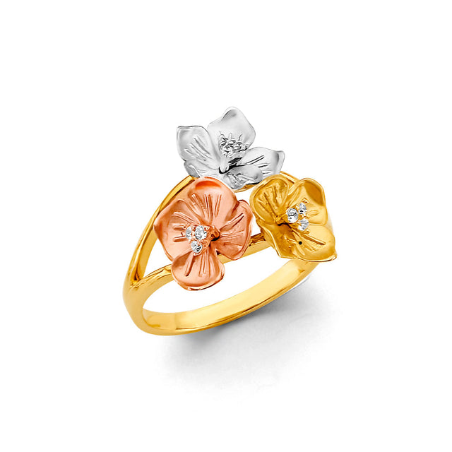 14K Tricolor Gold Three-Flower Ring on White Background