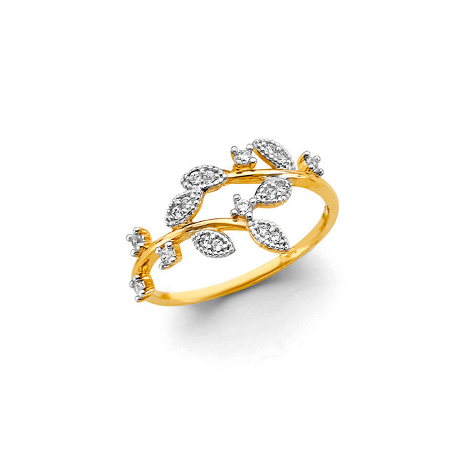 14K Two-Tone Gold Leaf Ring on White Background