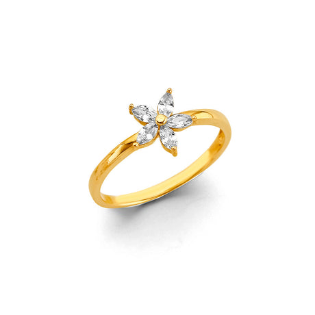 14K Yellow Gold Marquise Petal Flower Ring on White Background