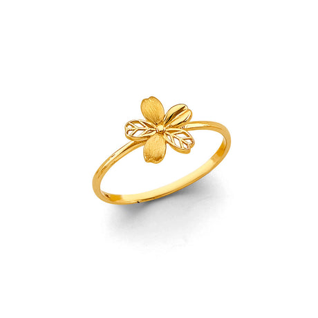 14K Yellow Gold Satin and Filigree Petal Flower Ring on White Background