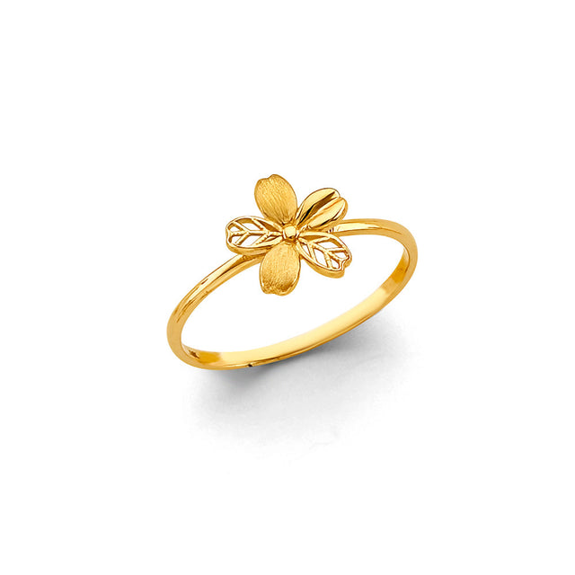 14K Yellow Gold Satin and Filigree Petal Flower Ring on White Background