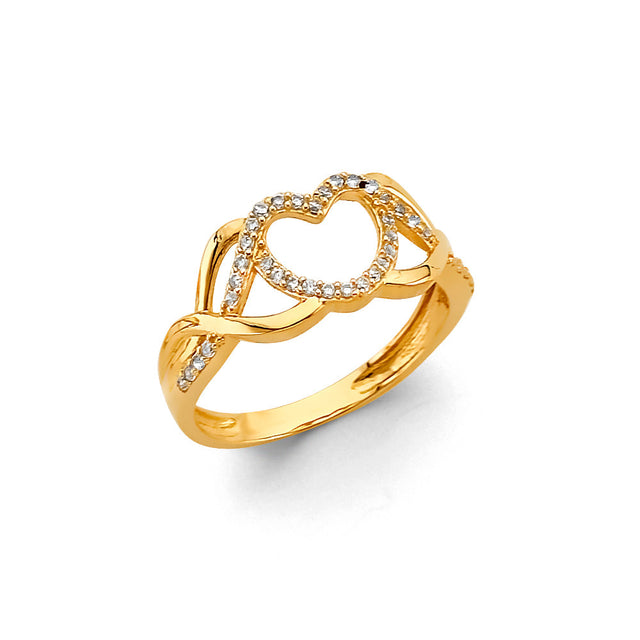 14K Yellow Gold Pave Open Heart Infinity Ring on White Background