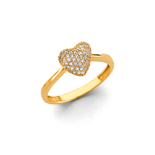14K Yellow Gold Pave Puffed Heart Ring on White Background