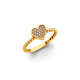 14K Yellow Gold Pave Heart Beaded Ring on White Background