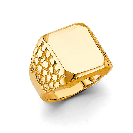 14K Yellow Gold Octagonal Nugget-Shoulder Signet Men's Ring on White Background