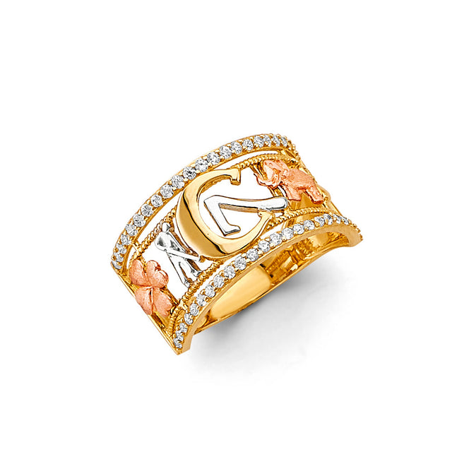 14K Tricolor Gold Pave-Edge Horseshoe and Elephant Lucky Symbols Band Ring on White Background