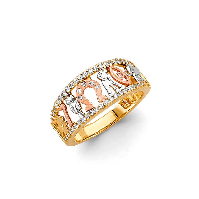 14K Tricolor Gold Pave-Edge Lucky Symbols Band Ring on White Background