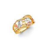 14K Tricolor Gold Owl Lucky Symbols Band Ring on White Background