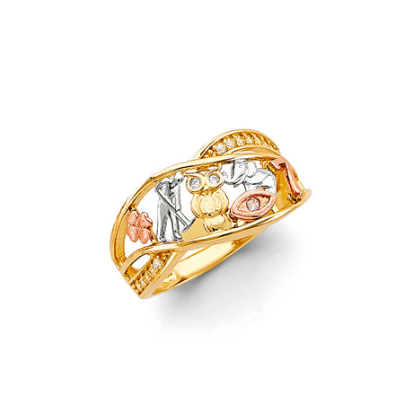 14K Tricolor Gold Owl Lucky Symbols Band Ring on White Background