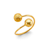 14K Yellow Gold Textured and Polished Double-Ball Bypass Ring on White Background