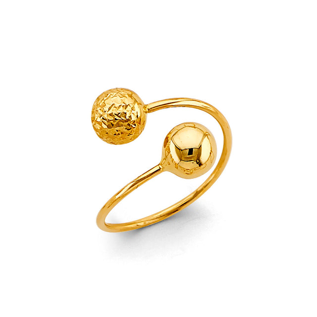 14K Yellow Gold Textured and Polished Double-Ball Bypass Ring on White Background
