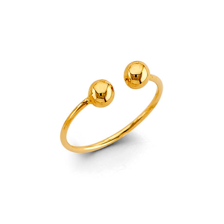 14K Yellow Gold Double-Ball Cuff Adjustable Ring on White Background