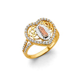14K Tricolor Gold Heart Halo Our Lady of Guadalupe Ring