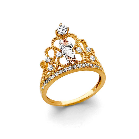 14K Tricolor Gold Openwork Crown St. Jude Ring