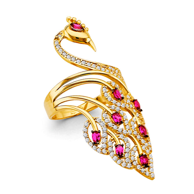 14K Yellow Gold Red Peacock Statement Ring