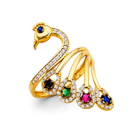 14K Yellow Gold Multicolor Peacock Plume Ring