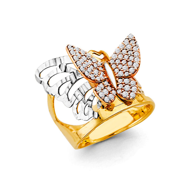 14K Tricolor Gold Pavé Butterfly Statement Ring