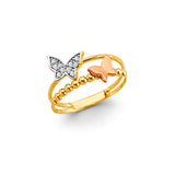 14K Tricolor Gold Twin Butterfly Beaded Band Ring