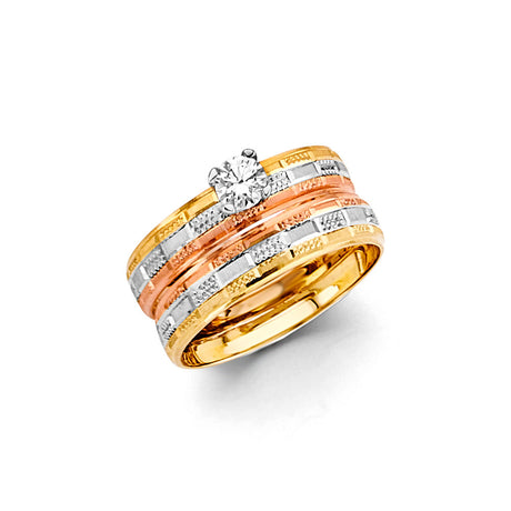14K Tricolor Gold Twist Wedding Trio Set on White Background