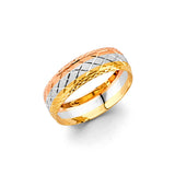 14K Tricolor Gold Diamond-Cut Wedding Trio Set on White Background