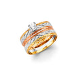 14K Tricolor Gold Diamond-Cut Wedding Trio Set on White Background