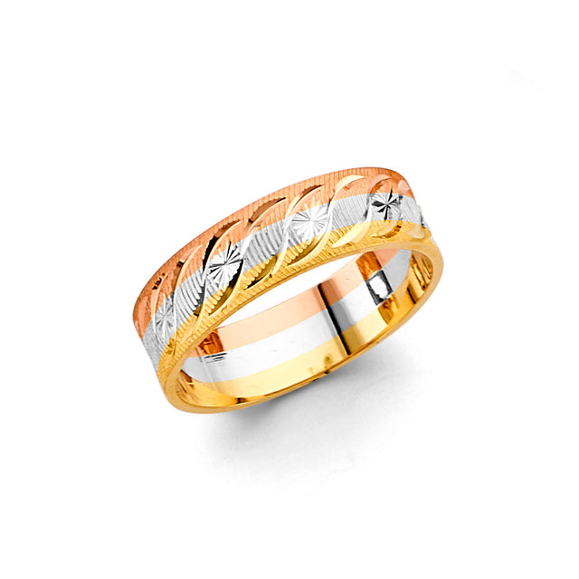 14K Tricolor Gold Wave Wedding Trio Set on White Background