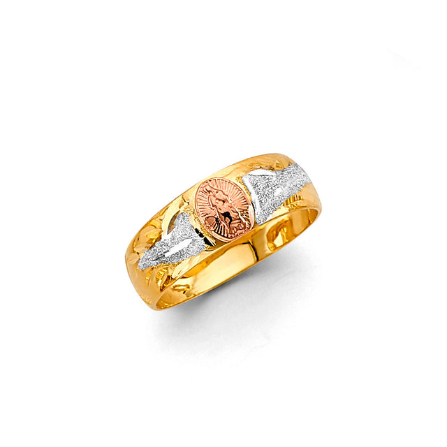 14K Tricolor Gold Our Lady of Guadalupe Band Ring on White Background
