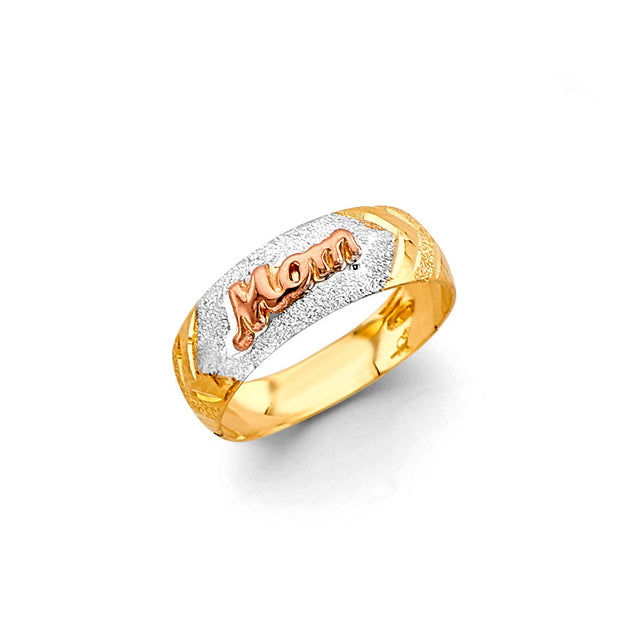 14K Tricolor Gold Mom Tapered Band Ring on White Background