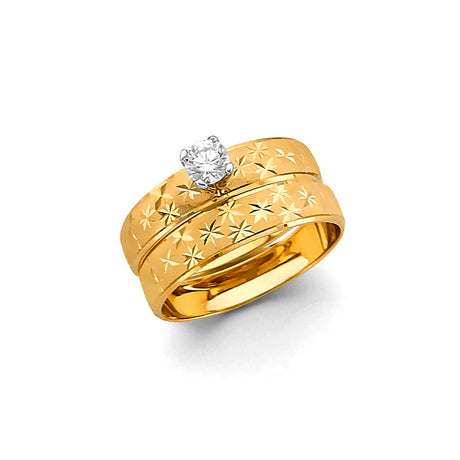 14K Yellow Gold Diamond-Cut Wedding Trio Set on White Background