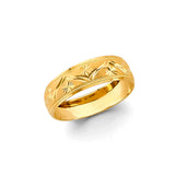14K Yellow Gold Engraved Wedding Trio Set on White Background