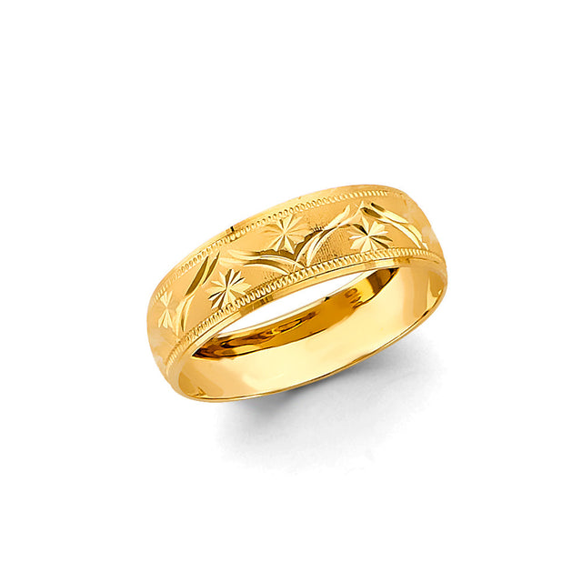 14K Yellow Gold Engraved Wedding Trio Set on White Background