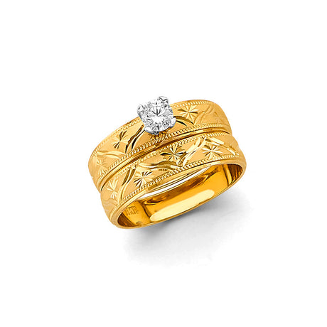 14K Yellow Gold Engraved Wedding Trio Set on White Background
