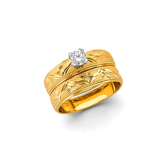 14K Yellow Gold Engraved Wedding Trio Set on White Background