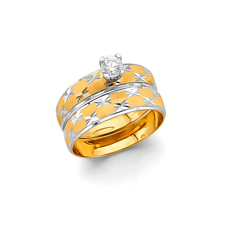 14K Two-Tone Gold Crossover Wedding Trio Set on White Background