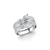 14K White Gold Diamond-Cut Wedding Trio Set on White Background