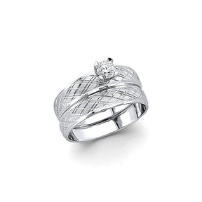 14K White Gold Diamond-Cut Wedding Trio Set on White Background