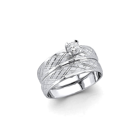14K White Gold Diamond-Cut Wedding Trio Set on White Background