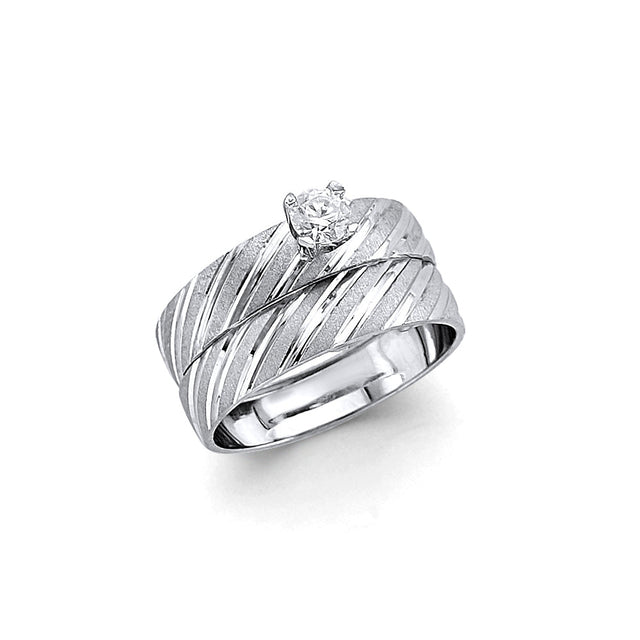 14K White Gold Wave Wedding Trio Set on White Background
