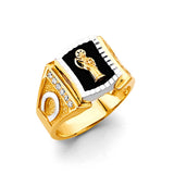 14K Two-Tone Gold Onyx Santa Muerte Men's Ring on White Background