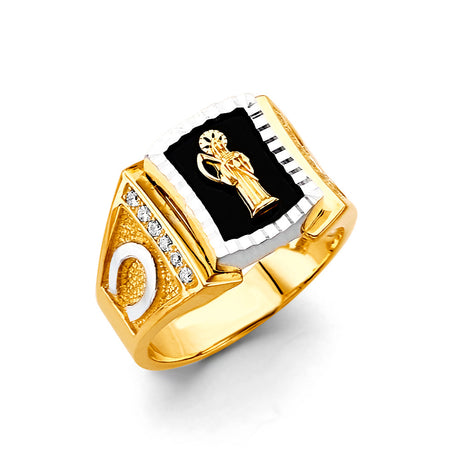 14K Two-Tone Gold Onyx Santa Muerte Men's Ring on White Background