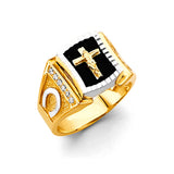 14K Two-Tone Gold Onyx Crucifix Men's Ring on White Background