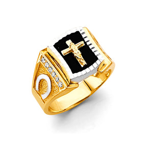 14K Two-Tone Gold Onyx Crucifix Men's Ring on White Background