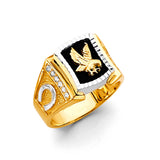 14K Two-Tone Gold Onyx Eagle Men's Ring on White Background