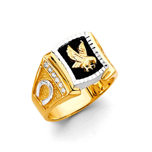 14K Two-Tone Gold Onyx Eagle Men's Ring on White Background