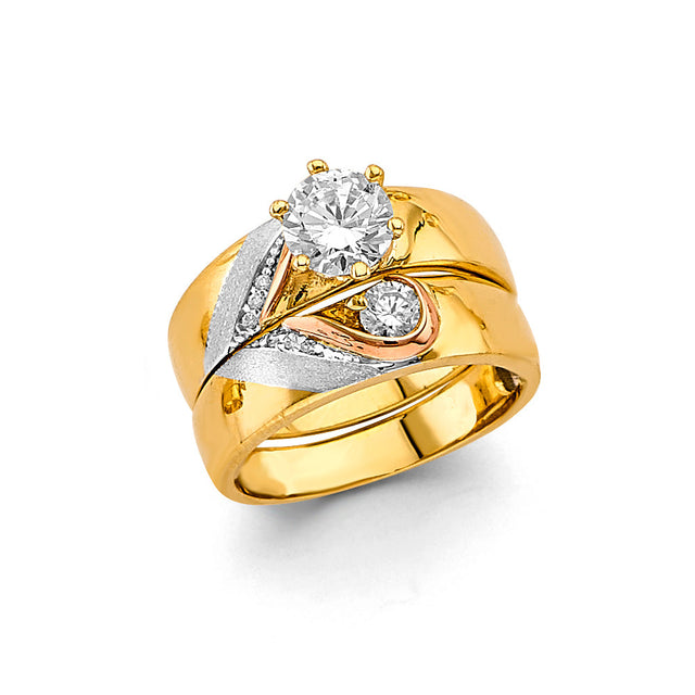 14K Two-Tone Gold Bypass Wedding Trio Set on White Background