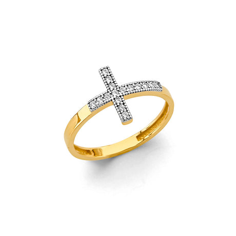 14K Two-Tone Gold Sideways Milgrain Cross Ring on White Background