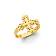 14K Yellow Gold Budded Cross Scroll-Shoulder Ring on White Background