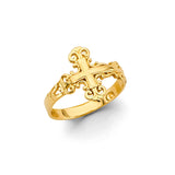 14K Yellow Gold Budded Cross Scroll-Shoulder Ring on White Background