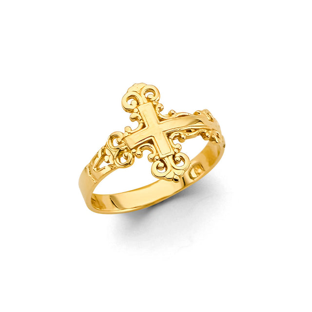 14K Yellow Gold Budded Cross Scroll-Shoulder Ring on White Background